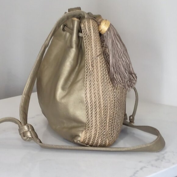 VNTG Sharif Rope Detailed Gold Leather Bucket Crossbody Bag Tasseled Medium - Picture 4 of 15